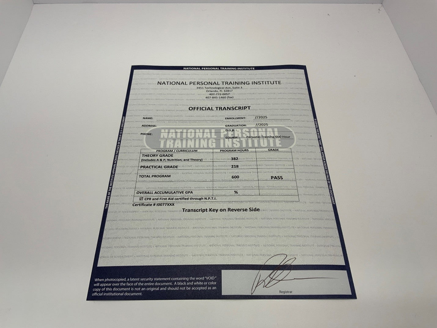 Transcript/Diploma – National Personal Training Institute Florida